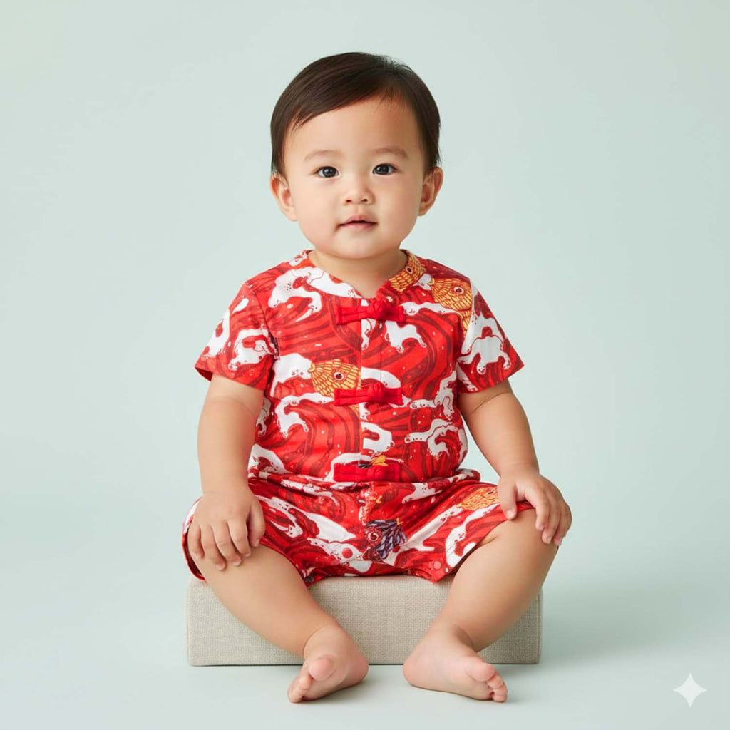 Ready Stock CNY Carp Dragon Leap Baby Boy Cheongsam Romper Singapore Outfit