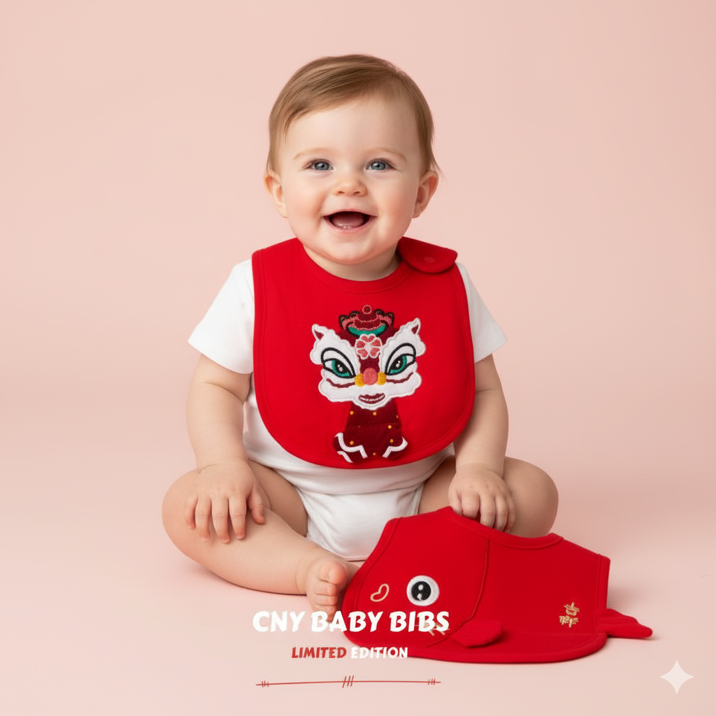 Chinese New Year Red Waterproof Bibs Dancing Lion Little Fish Designs Limited Edition For CNY Bibs