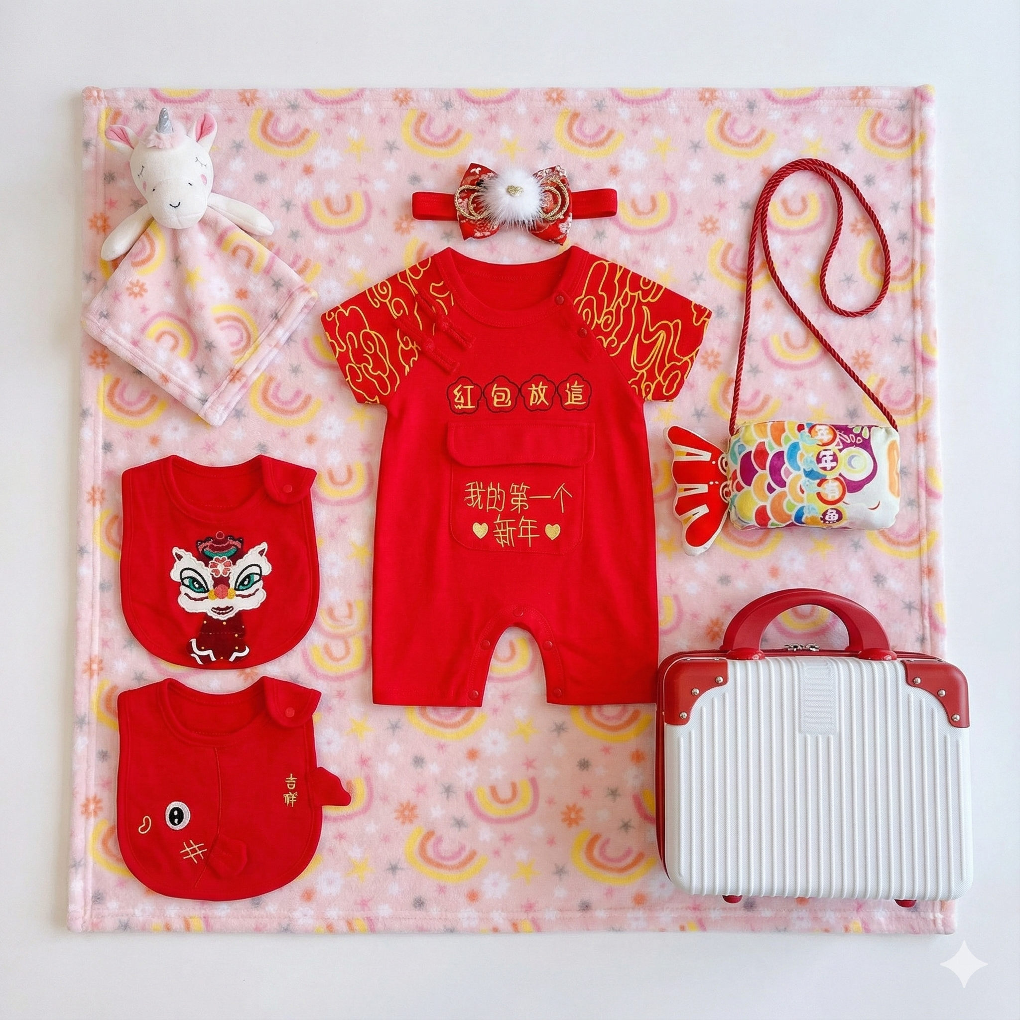 Chinese New Year Newborn Baby Gift Set Hamper – Plush Blanket, Layette, LED Light & Suitcase Box (Boy/Girl)