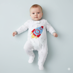 Baby Boy Cotton Sleepsuit White Star Excavator Two Way Zipper All In One Jumpsuit - Little Kooma