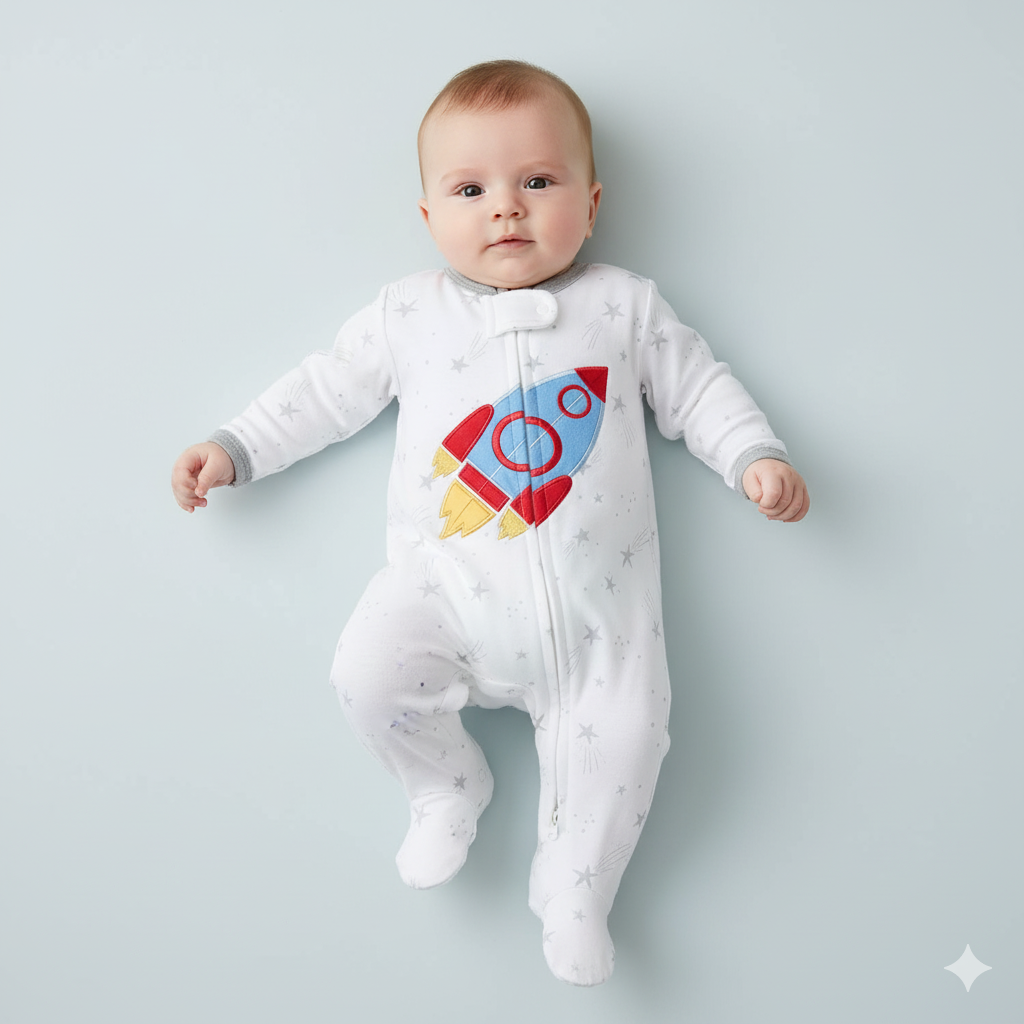 Baby Boy Cotton Sleepsuit White Star Excavator Two Way Zipper All In One Jumpsuit - Little Kooma