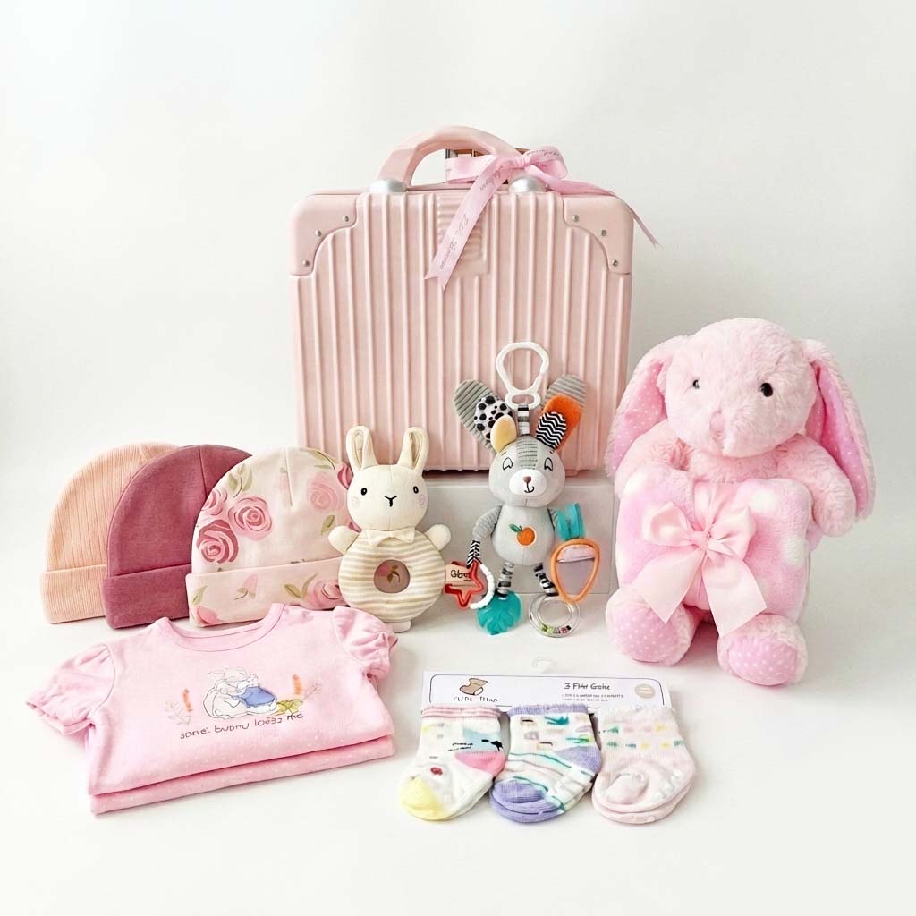 New Born Baby Girl LED Light Layette Hand Rattle Swaddle Pink Bunny Plushie Blanket Hanging Chime Stroller Toy Suitcase Mummy Makeup Gift Hamper - Little Kooma