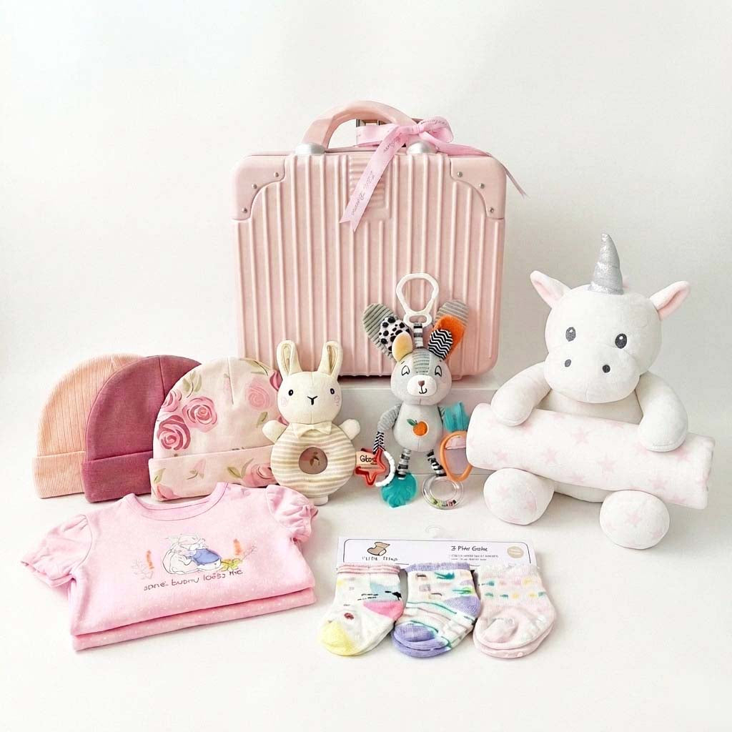 New Born Baby Girl LED Light Layette Hand Rattle Swaddle Unicorn Plushie Blanket Hanging Chime Stroller Toy Suitcase Mummy Makeup Gift Hamper - Little Kooma