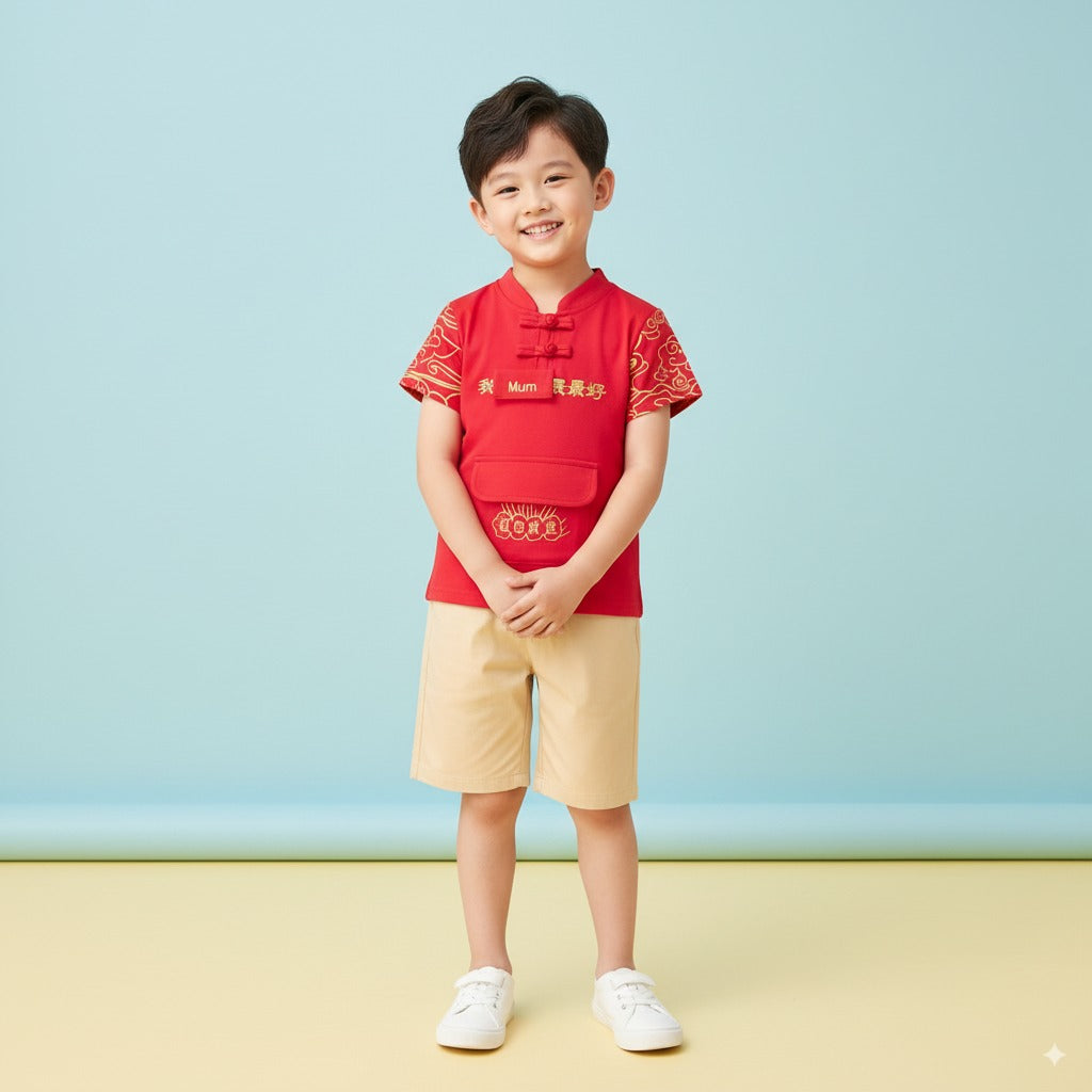 Singapore Souvenir Gift Baby Kids Boys Cheongsam Set Leave Ang Bao Here Top n Shorts CNY Chinese New Year Outfit