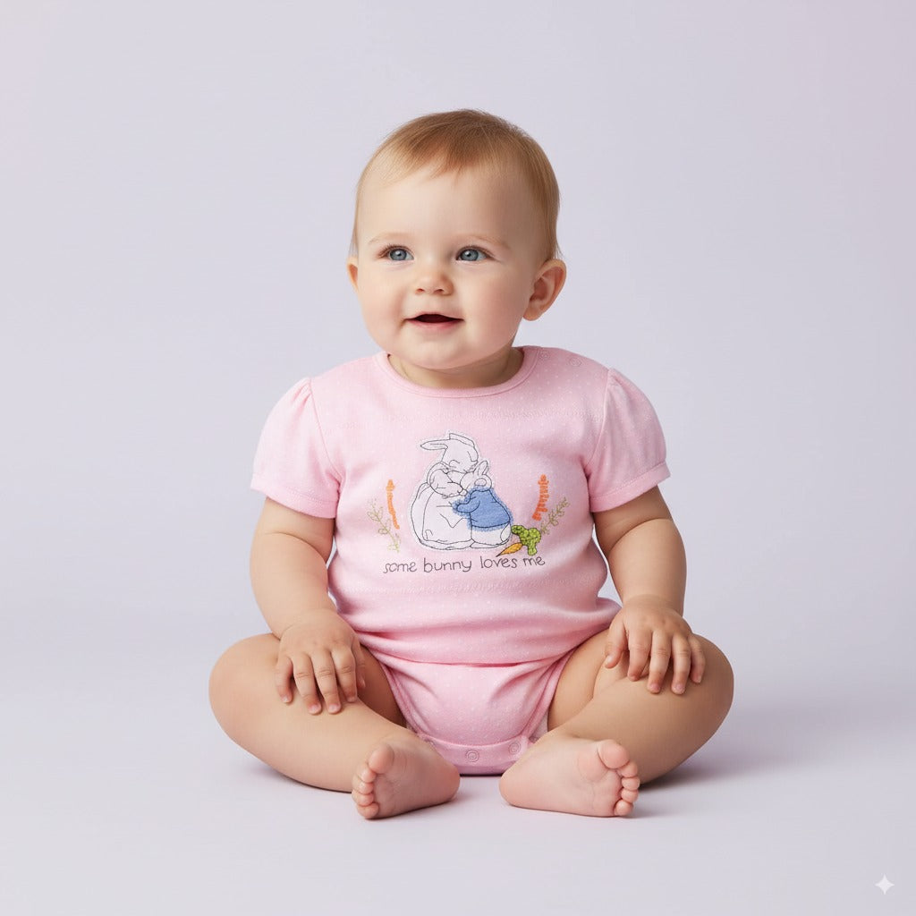 Baby Girl Romper Pink w Embroidered Rabbits