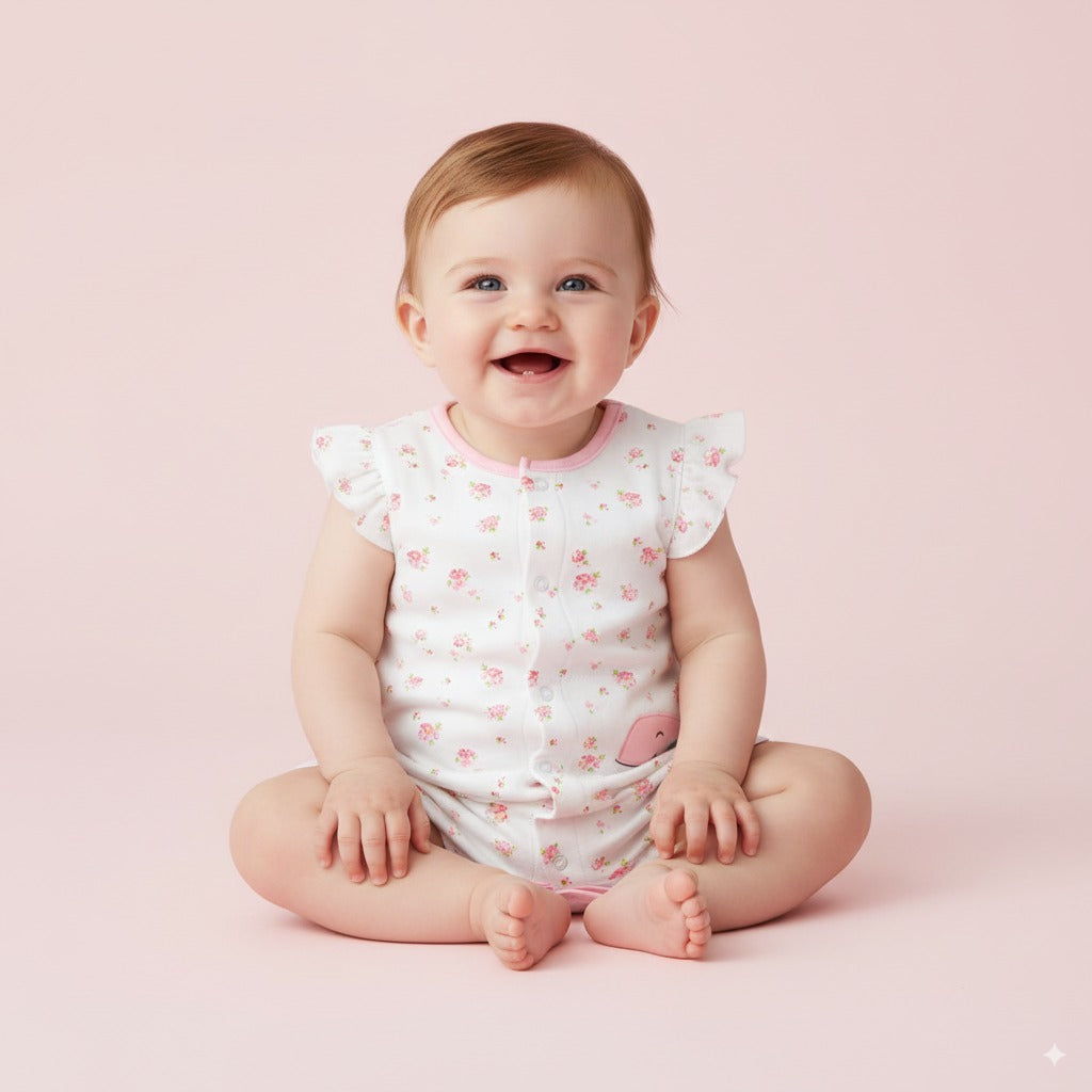 Baby Girl Romper Rose Prints w Embroidered Pink Whale