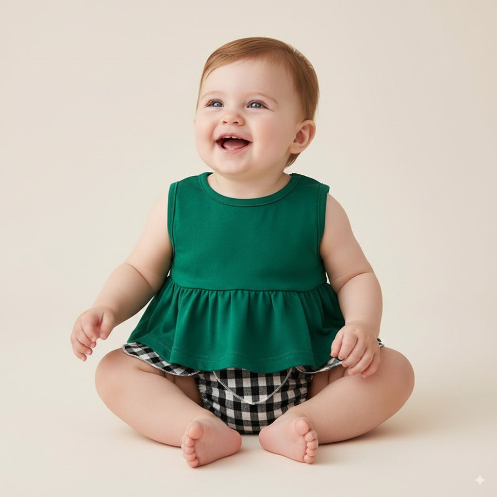 Baby Girl Sleeveless Top n Plaid Knickers Set - 1006