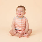 Baby Boy Sleeveless Orange Stripe Romper w Embroidered Shark - Little Kooma