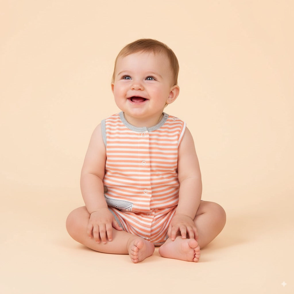 Baby Boy Sleeveless Orange Stripe Romper w Embroidered Shark