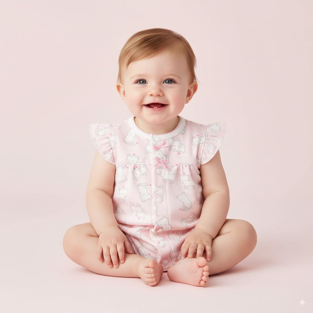 Baby Girl Pink w White Cats Romper