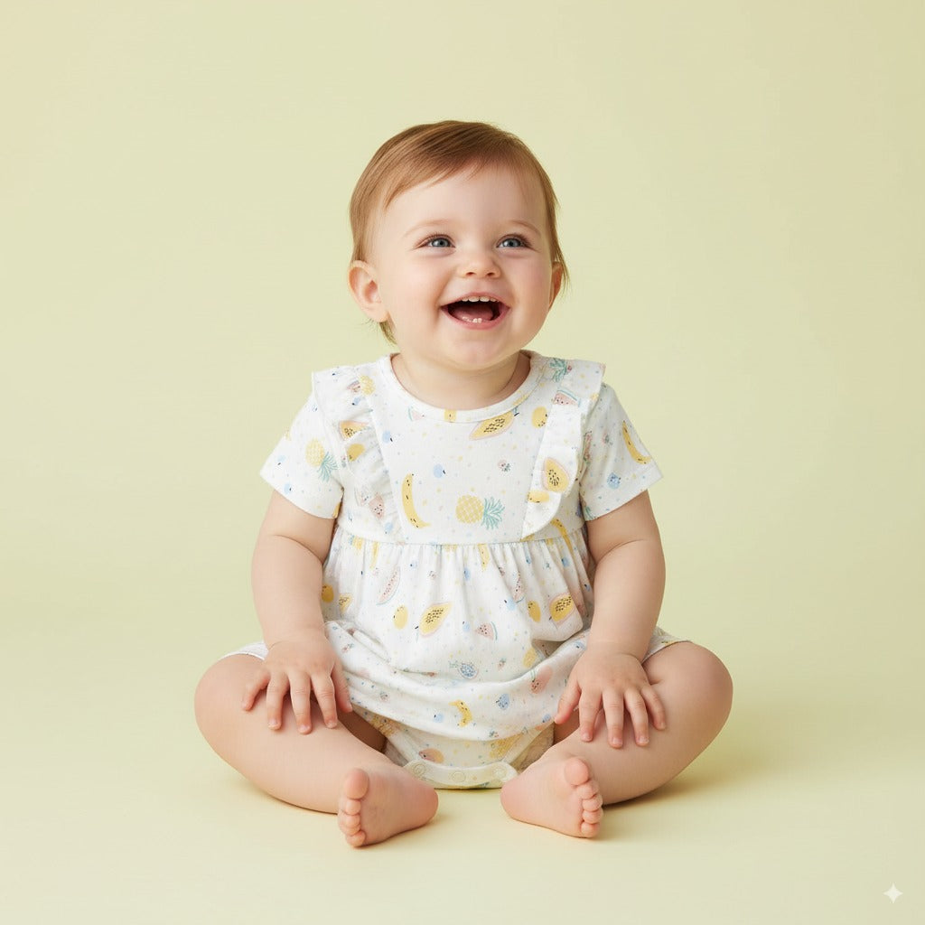 Baby Girl Short Sleeves Ruffled Bodysuit Dress White w Fruits