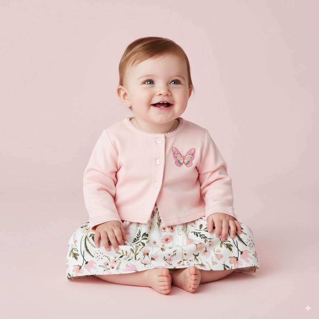 Baby Girl Pink Floral Bodysuit Dress n Pink Cardigan 2 Pc Set - Little Kooma