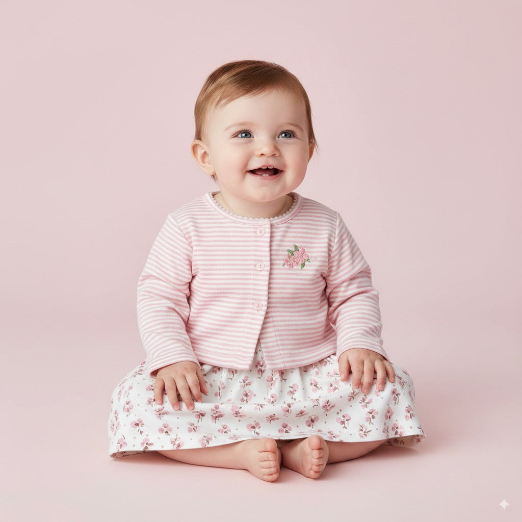 Baby Girl Bouquet Bodysuit Dress n Pink Stripe Cardigan 2 Pc Set - Little Kooma