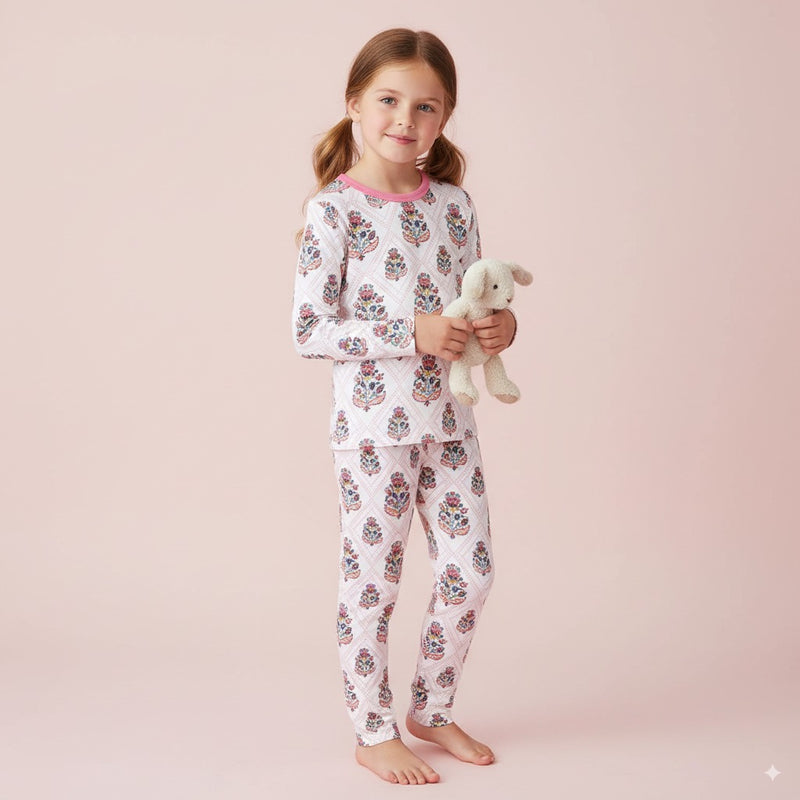 Baby Kids Pajamas Pink Flower Top n Pants Set - Little Kooma