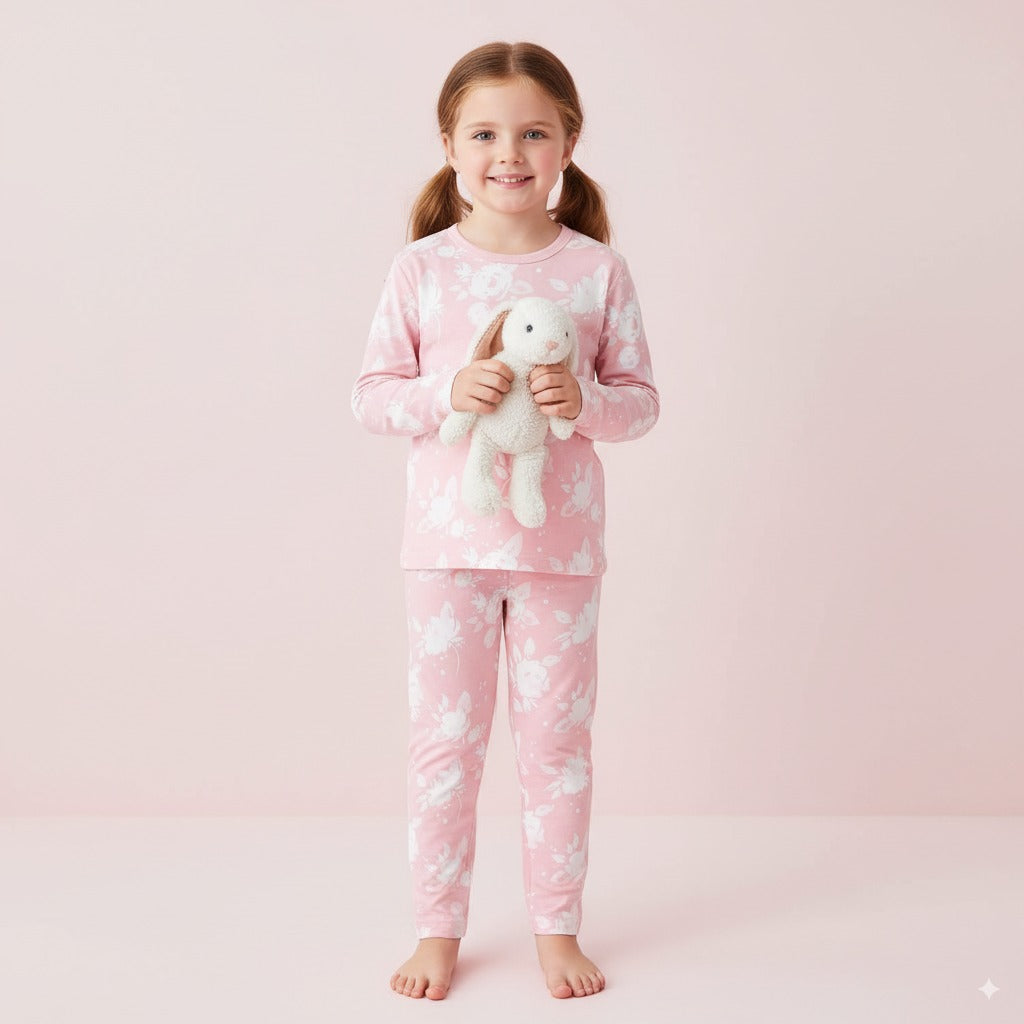 Baby Kids Pajamas Pink w White Flowers Top n Pants Set