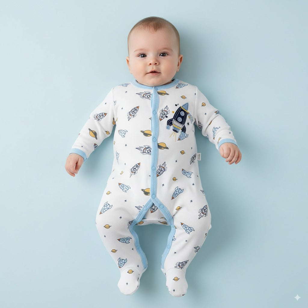 Baby Embroidered Rocket Button Sleepsuit All In One Jumpsuit
