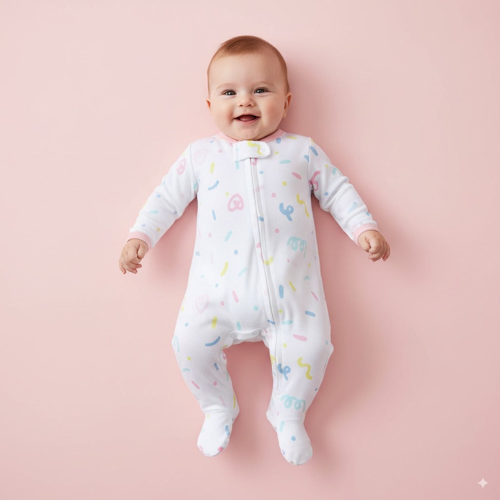 Baby Cotton Sleepsuit Colorful Sprinkles Two Way Zipper All In One Jumpsuit Feet Cover