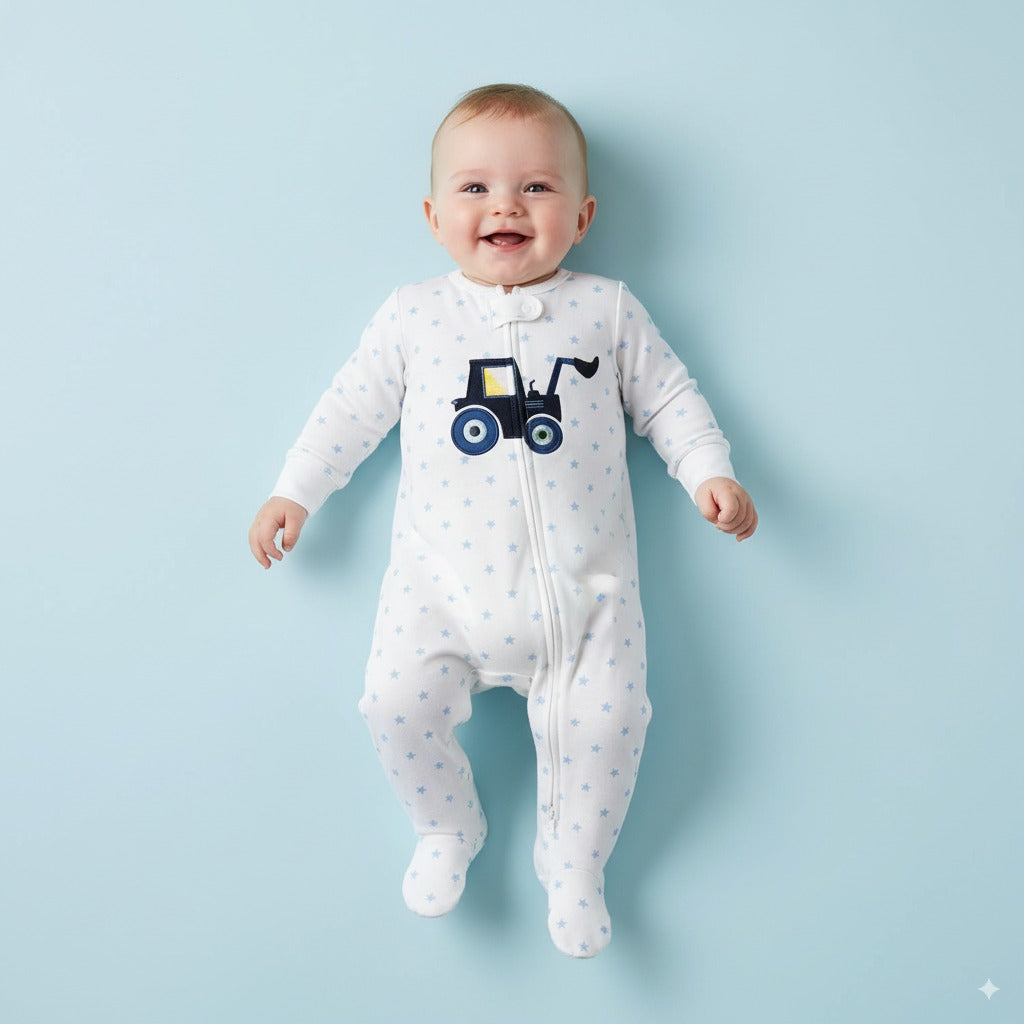 Baby Embroidered Bulldozer Two Way Zip Sleepsuit All In One Jumpsuit