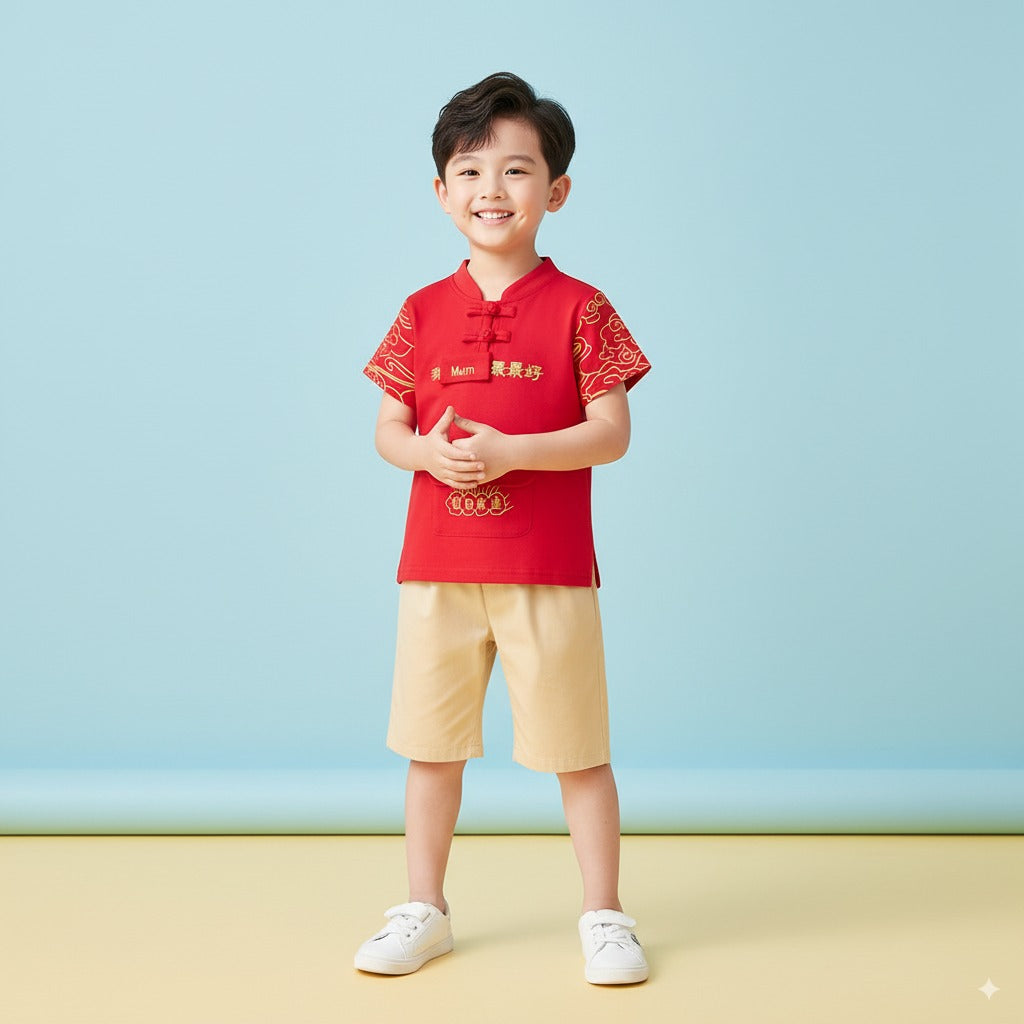 Singapore Souvenir Gift Baby Kids Boys Cheongsam Set Leave Ang Bao Here Top n Shorts CNY Chinese New Year Outfit