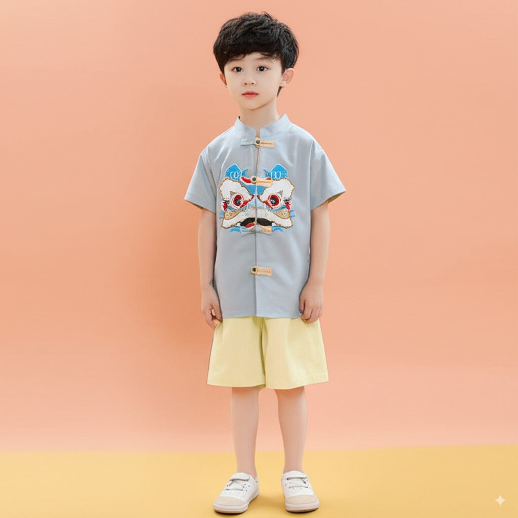 Singapore Souvenir Gift Baby Kids Boys Green Cheongsam Set Dancing Lion Top n Shorts CNY Chinese New Year Outfit
