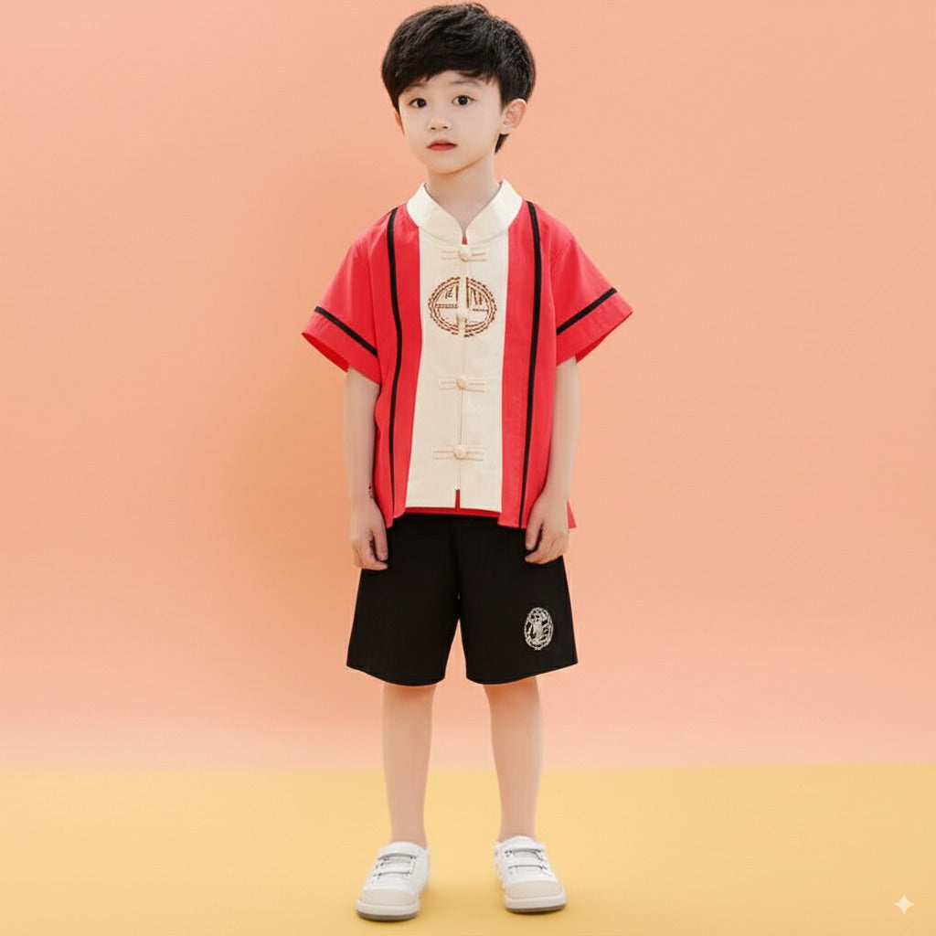 Singapore Souvenir Gift Baby Kids Boys Fake Two Piece Cheongsam Set Red Top n Black Shorts CNY Chinese New Year Outfit