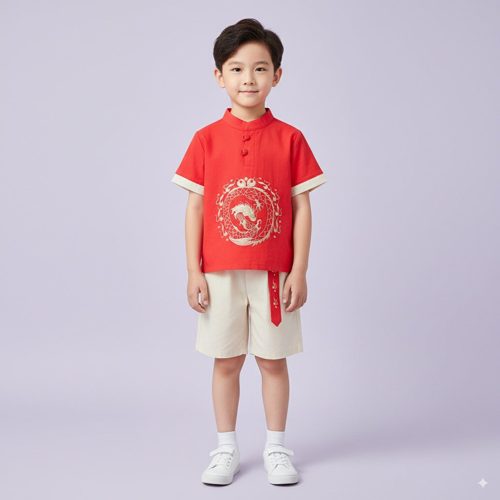Baby Kids Boys Dragon Red Cheongsam Set Top n Shorts CNY Chinese New Year Outfit