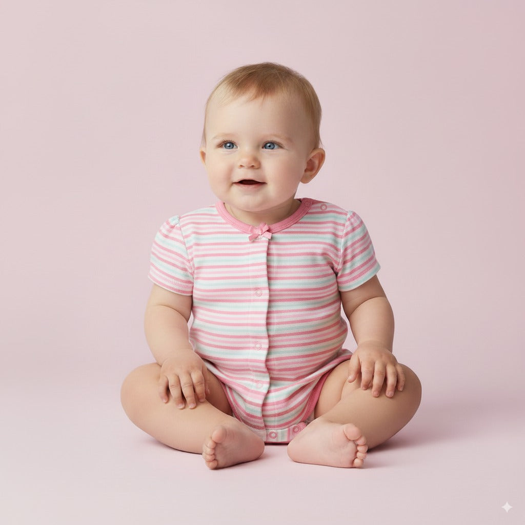 Baby Girl Romper Pink Blue Stripes w Embroidered Ice Cream