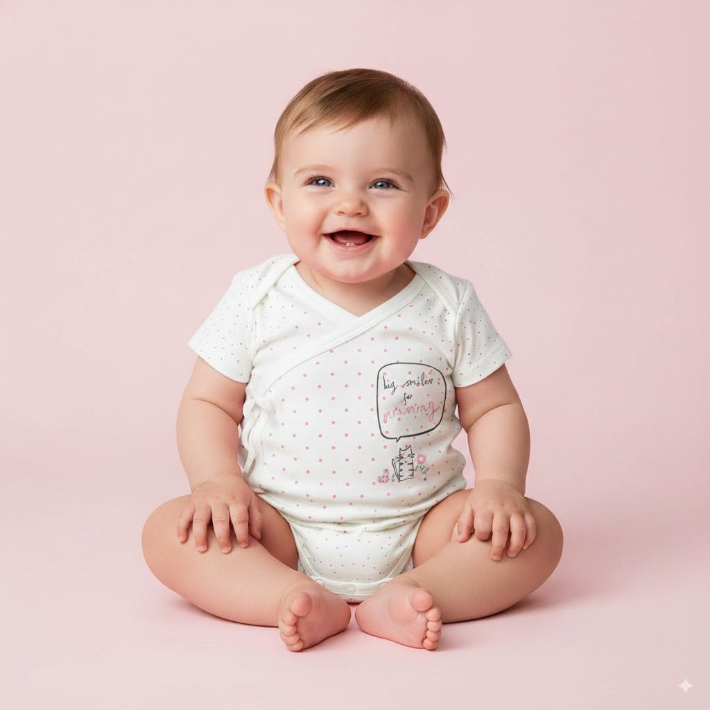 Baby Girl Kimono Romper White w Pink Dots Big Smiles for Mummy