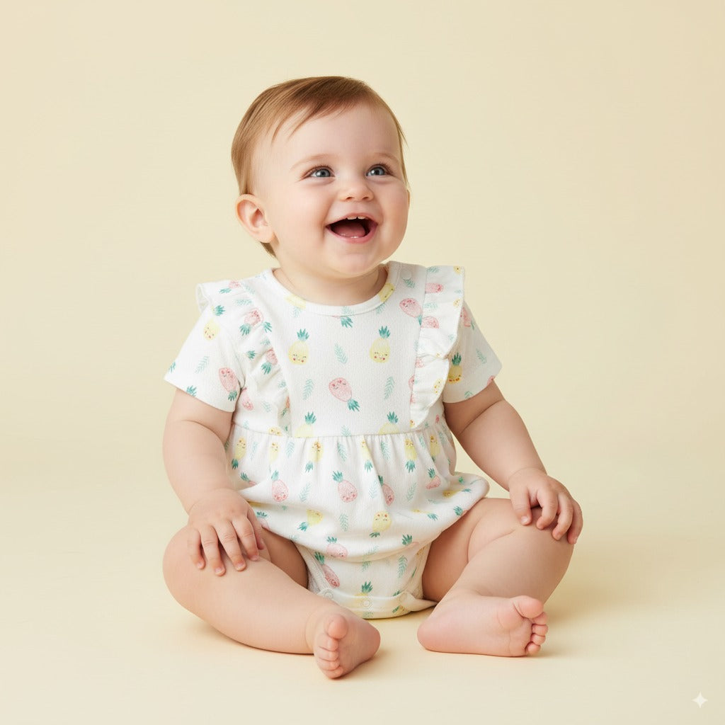 Baby Girl Short Sleeves Ruffled Bodysuit Dress White w Pineapples