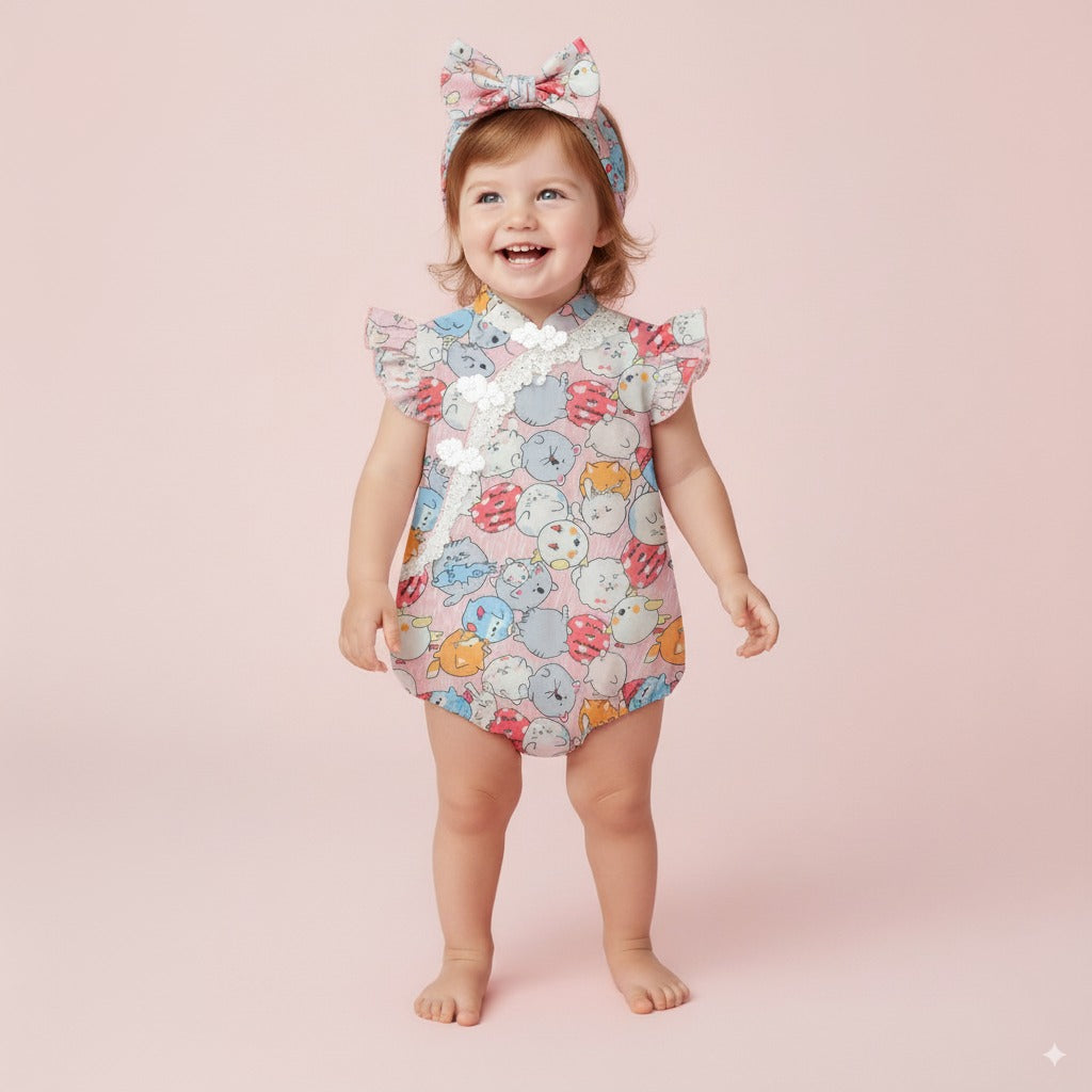Singapore Souvenir Gift Purrfect Family Paws Baby Girl Pink Cats Cheongsam Bodysuit n Headwrap Set Family Wear 0821
