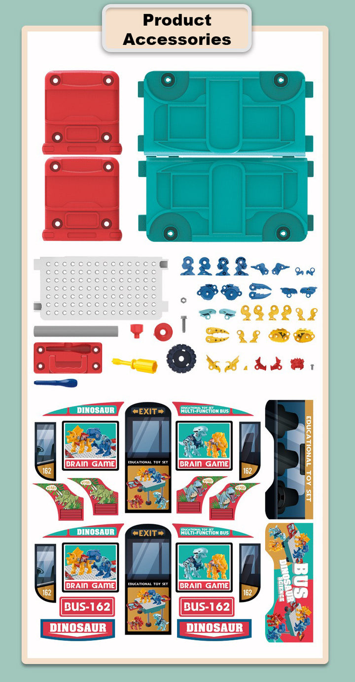Kids 162 Piece Multifunctional Bus & Dinosaur Set with Drill Toy Kids Drill Sets Preschool & Toddler STEM Toy - Little Kooma