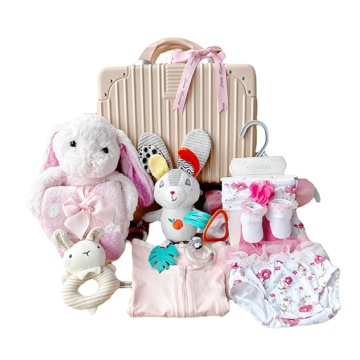 New Born Baby Girl LED Light Layette Hand Rattle Swaddle Pink Bunny Plushie Blanket Hanging Chime Stroller Toy Suitcase Mummy Makeup Gift Hamper - Little Kooma