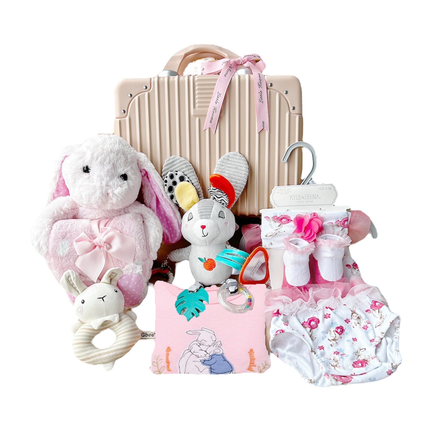 New Born Baby Girl LED Light Layette Hand Rattle Swaddle Pink Bunny Plushie Blanket Hanging Chime Stroller Toy Suitcase Mummy Makeup Gift Hamper