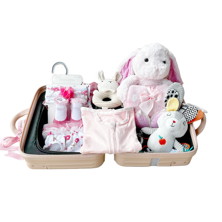 New Born Baby Girl LED Light Layette Hand Rattle Swaddle Pink Bunny Plushie Blanket Hanging Chime Stroller Toy Suitcase Mummy Makeup Gift Hamper - Little Kooma