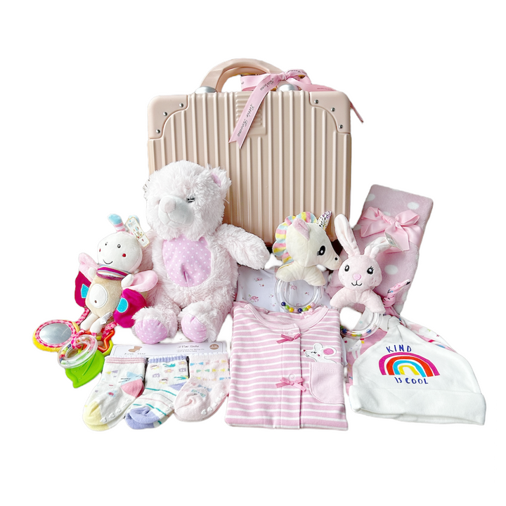New Born Baby Girl LED Light Hand Rattles Hanging Chime Stroller Toy Romper Hats Socks Swaddle Pink Bear Plushie Blanket Suitcase Mummy Makeup Gift Hamper Gift Box Set - Little Kooma