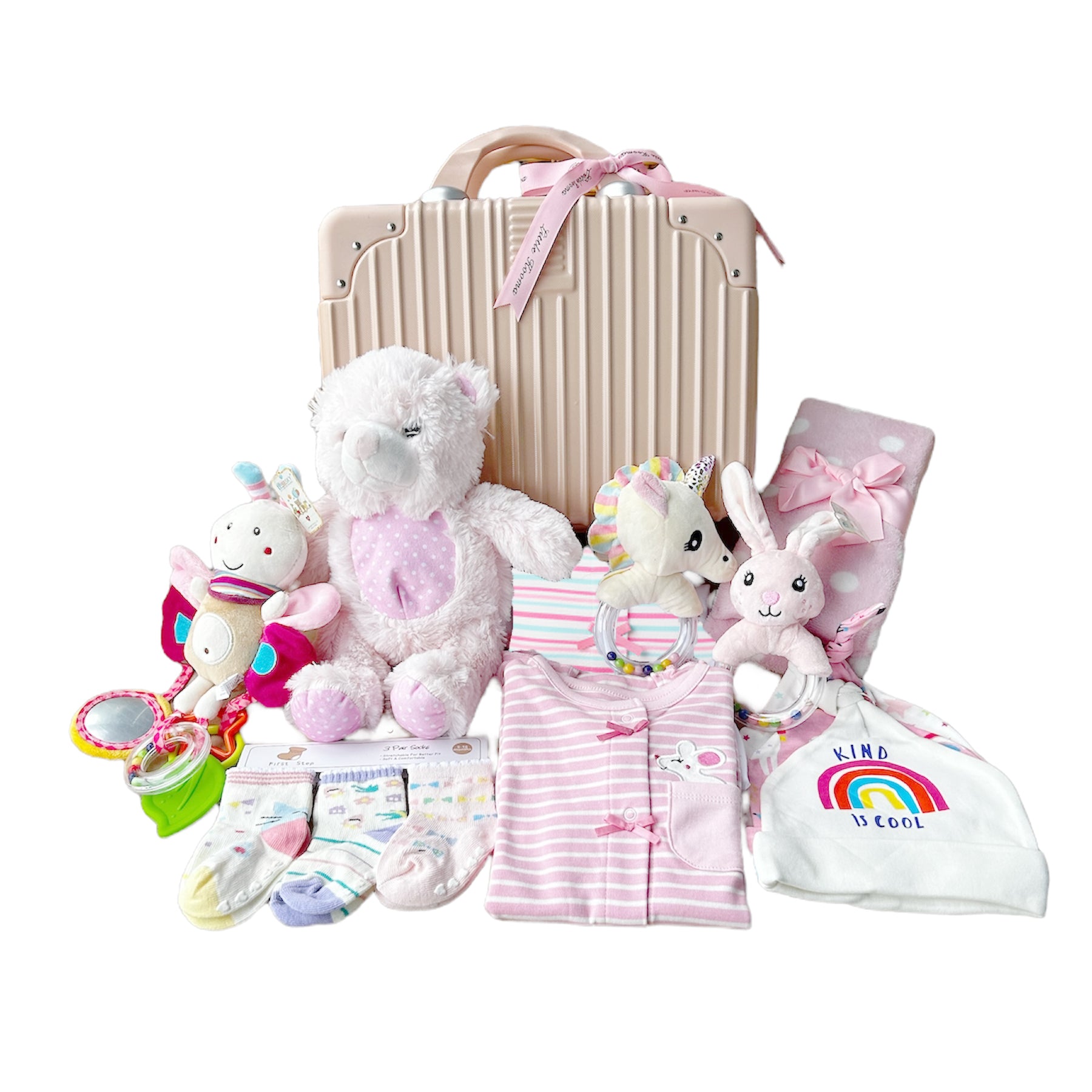 New Born Baby Girl LED Light Hand Rattles Hanging Chime Stroller Toy Romper Hats Socks Swaddle Pink Bear Plushie Blanket Suitcase Mummy Makeup Gift Hamper Gift Box Set