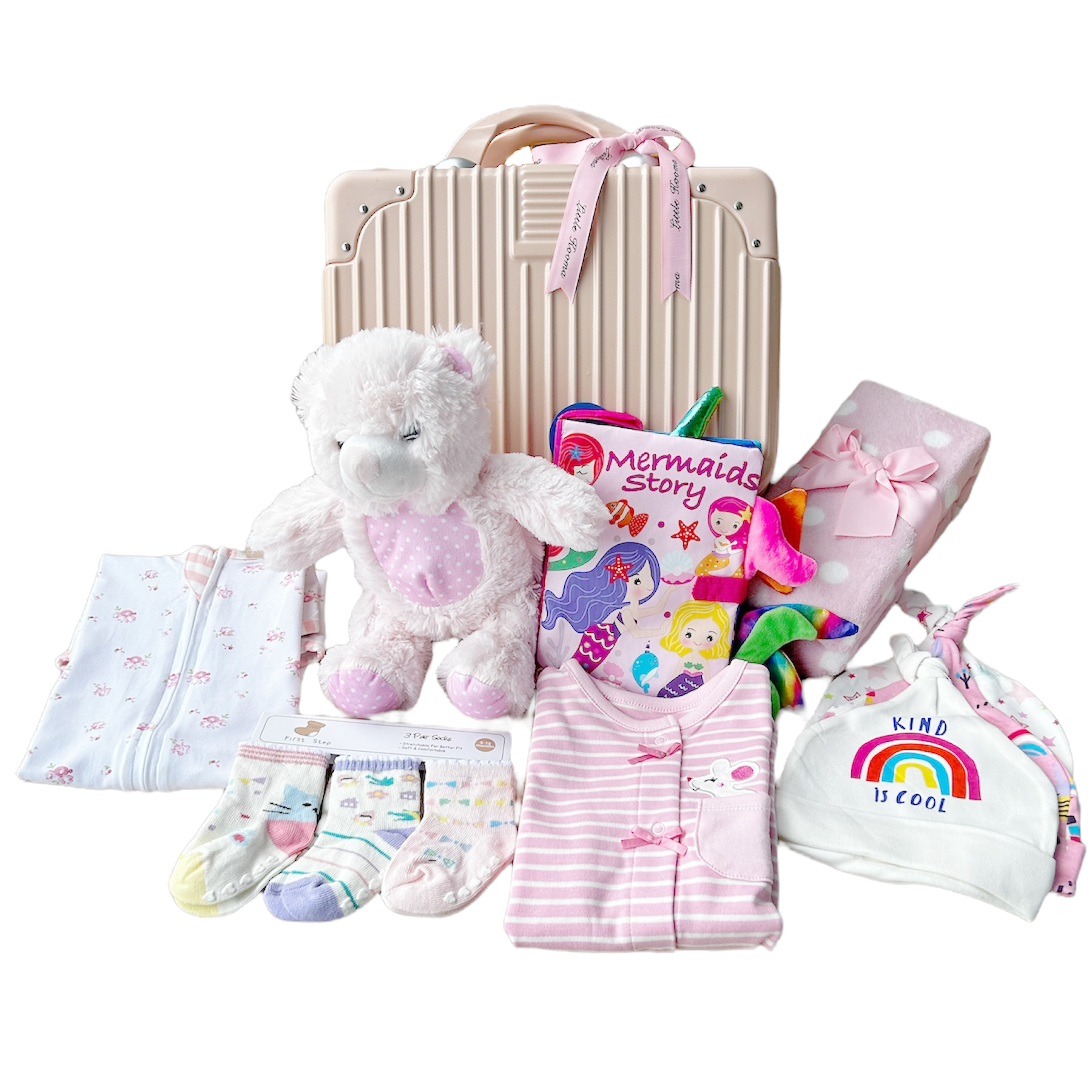 New Born Baby Girl LED Light Cloth Book Romper Hats Socks Swaddle Pink Bear Plushie Blanket Suitcase Mummy Makeup Gift Hamper Gift Box Set - Little Kooma