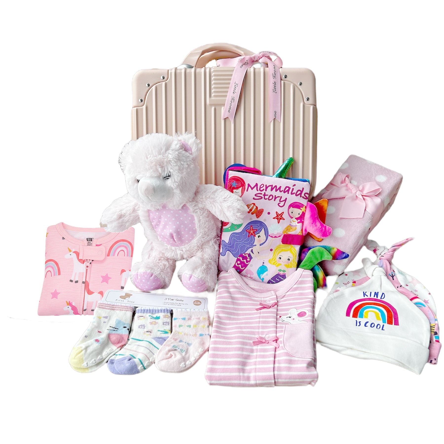 New Born Baby Girl LED Light Cloth Book Romper Hats Socks Swaddle Pink Bear Plushie Blanket Suitcase Mummy Makeup Gift Hamper Gift Box Set