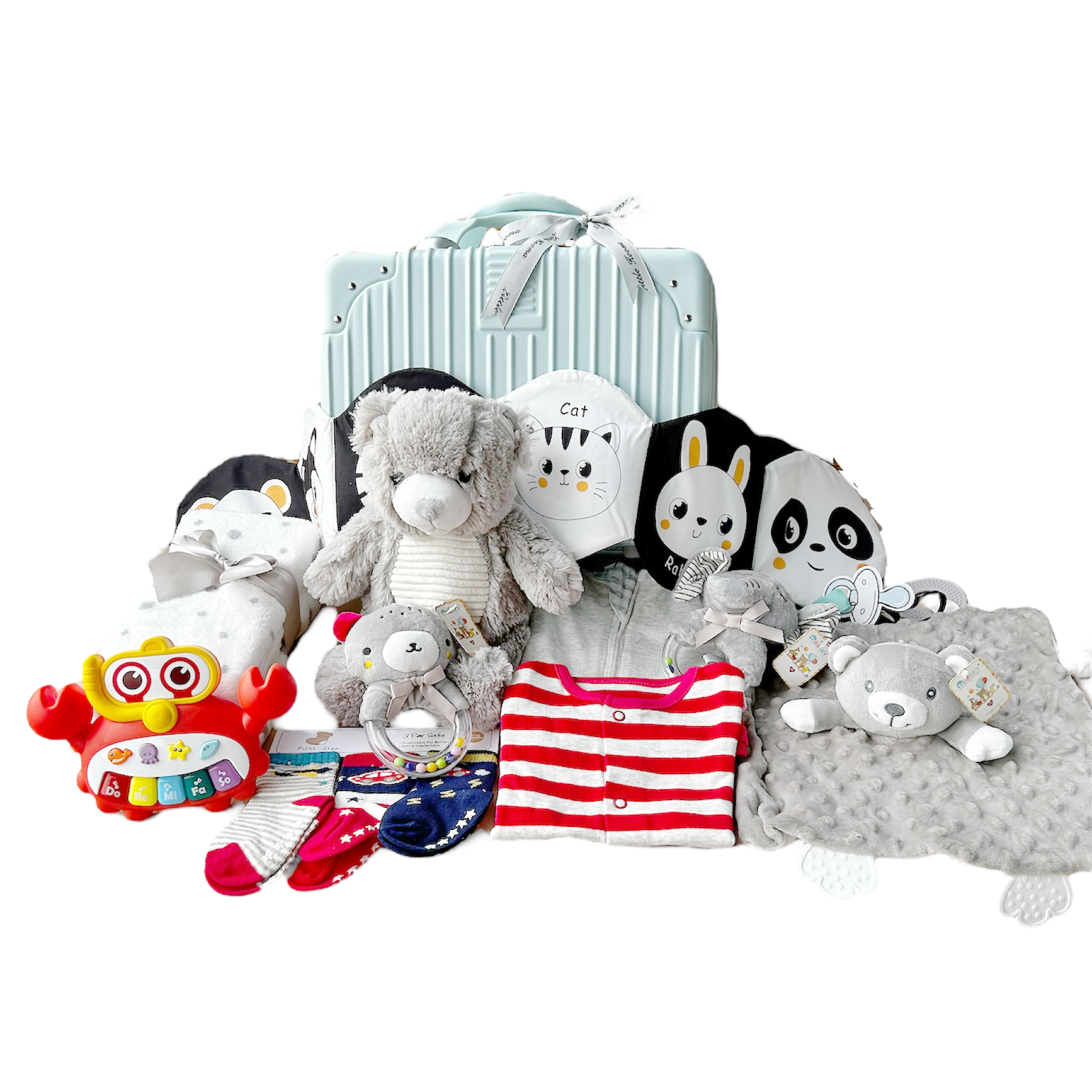 New Born Baby Boy LED Light Swaddle Socks Plush Blanket Romper Rattles Grey Bear Suitcase Mummy Makeup Box Gift Hamper Gift Box Set - Little Kooma