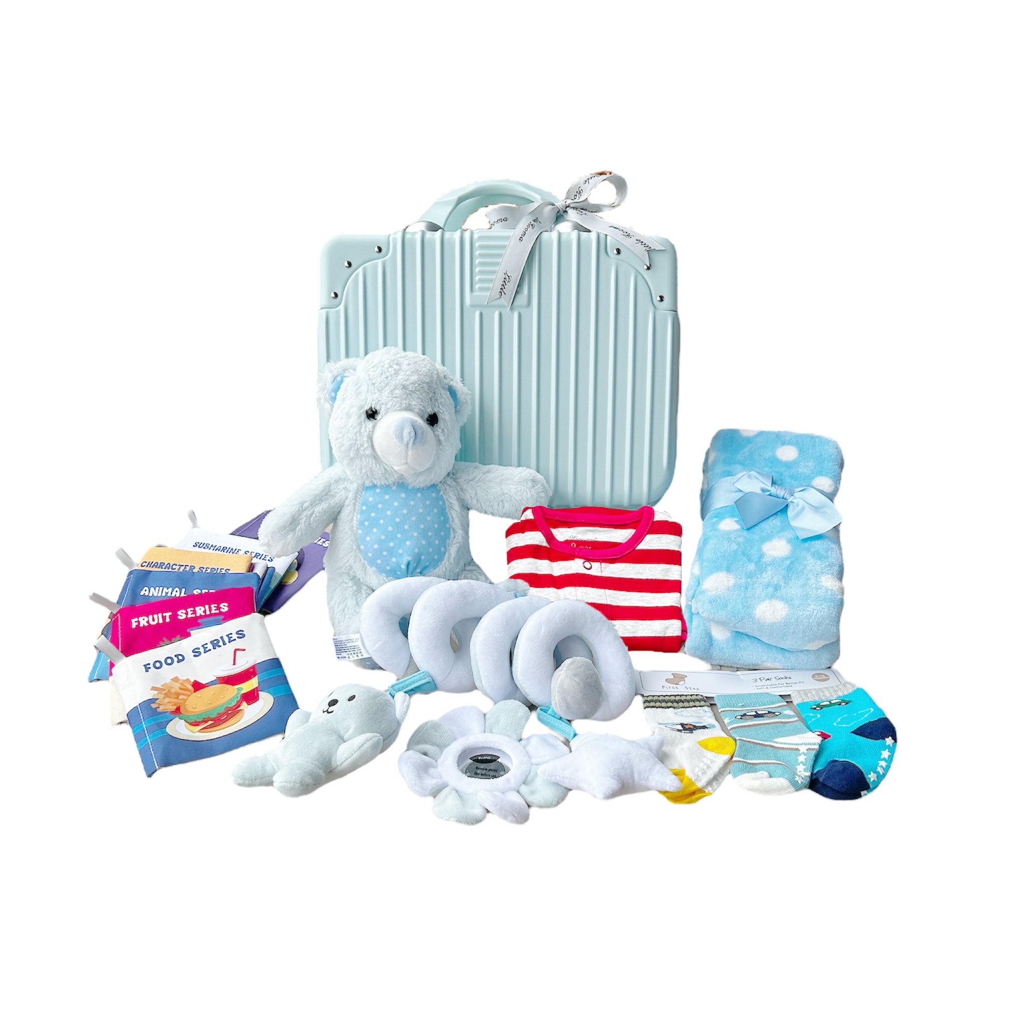 New Born Baby Boy LED Light Socks Cloth Books Plush Blanket Romper Spiral Toy Blue Bear Suitcase Mummy Makeup Box Gift Hamper Gift Box Set - Little Kooma