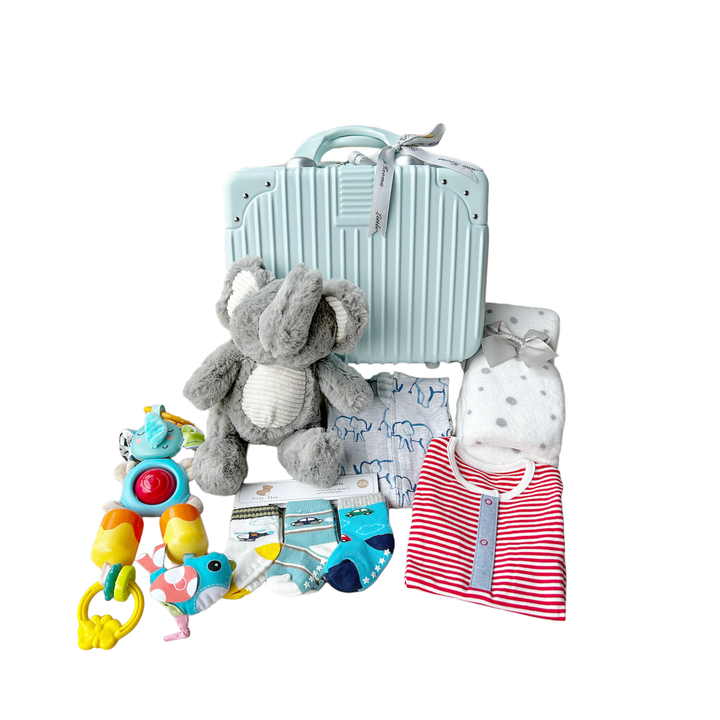 New Born Baby Boy LED Light Swaddle Socks Plush Blanket Romper Hanging Chime Toy Grey Elephant Suitcase Mummy Makeup Box Gift Hamper Gift Box Set - Little Kooma