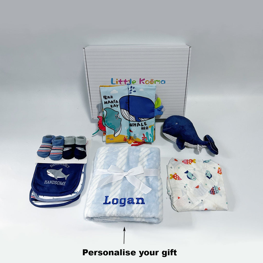 Personalised New Born Baby Boy Little Kooma Brand Gift Box 9 Pcs Whale Shark Ocean Gift Box Set - Little Kooma
