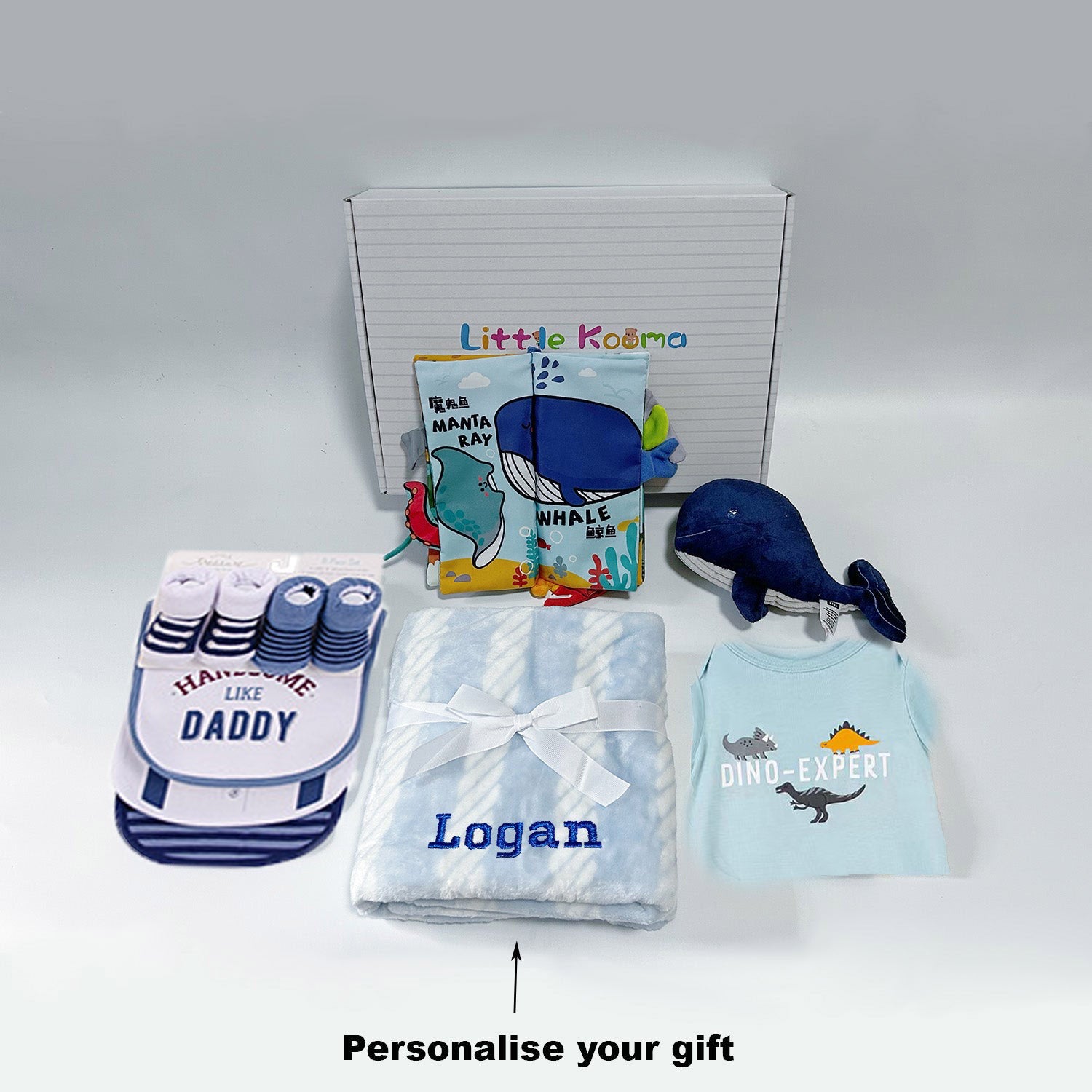 Personalised New Born Baby Boy Little Kooma Brand Gift Box 9 Pcs Whale Shark Ocean Gift Box Set - Little Kooma