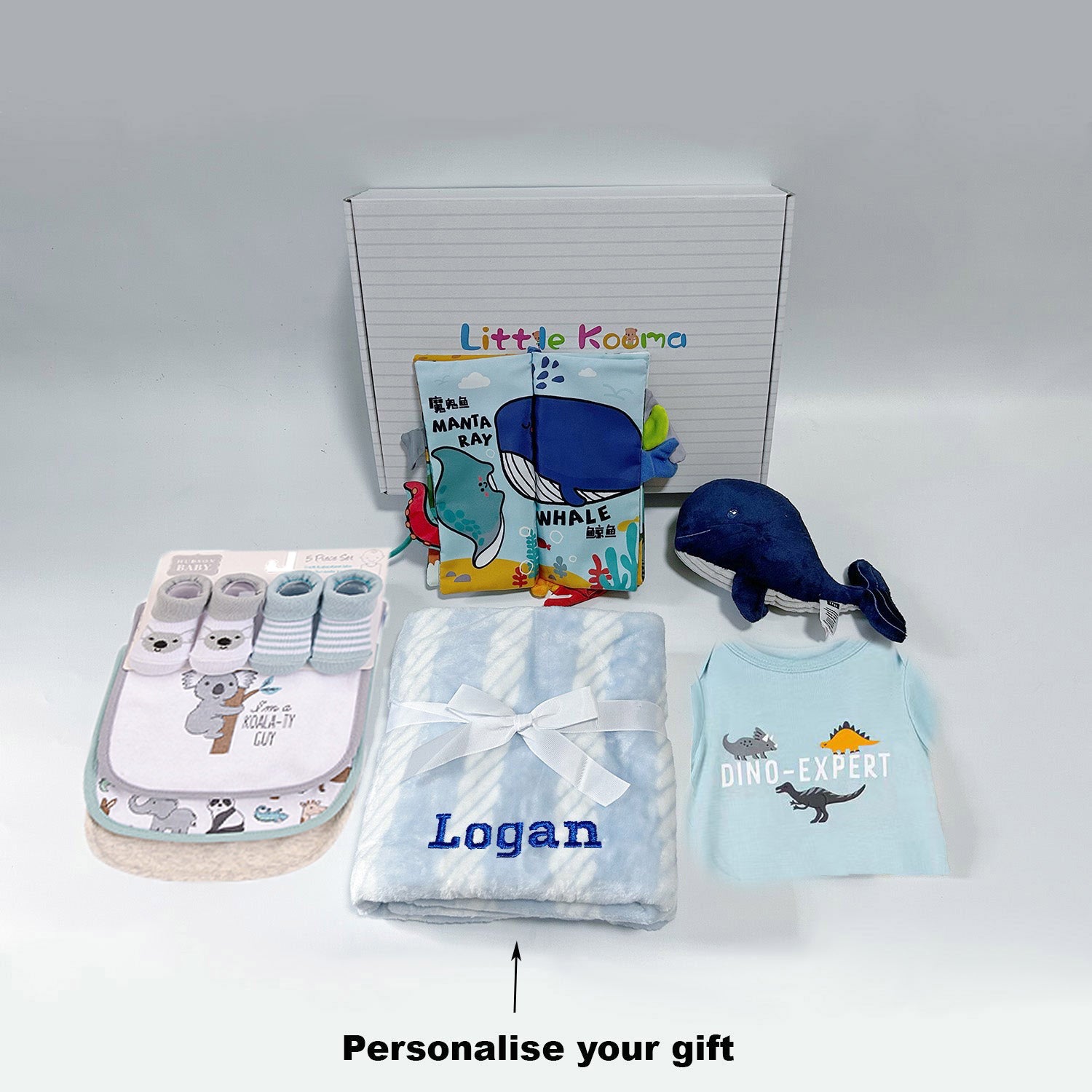Personalised New Born Baby Boy Little Kooma Brand Gift Box 9 Pcs Whale Shark Ocean Gift Box Set