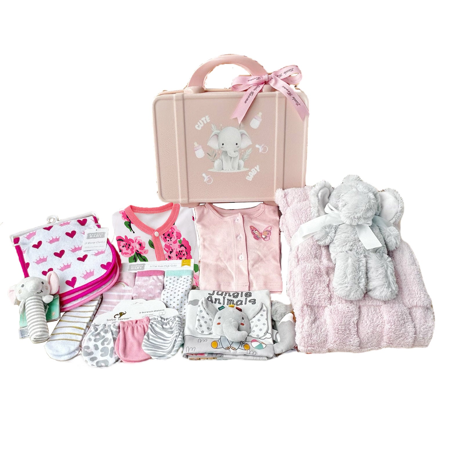 New Born Baby Girl LED Light Layette Plush Blanket Romper Grey Elephant Suitcase Mummy Makeup Box Gift Hamper Gift Box Set