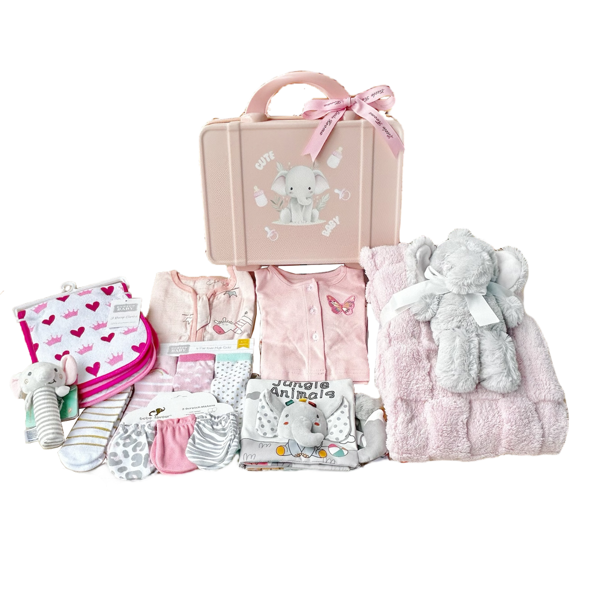 New Born Baby Girl LED Light Layette Plush Blanket Romper Grey Elephant Suitcase Mummy Makeup Box Gift Hamper Gift Box Set - Little Kooma