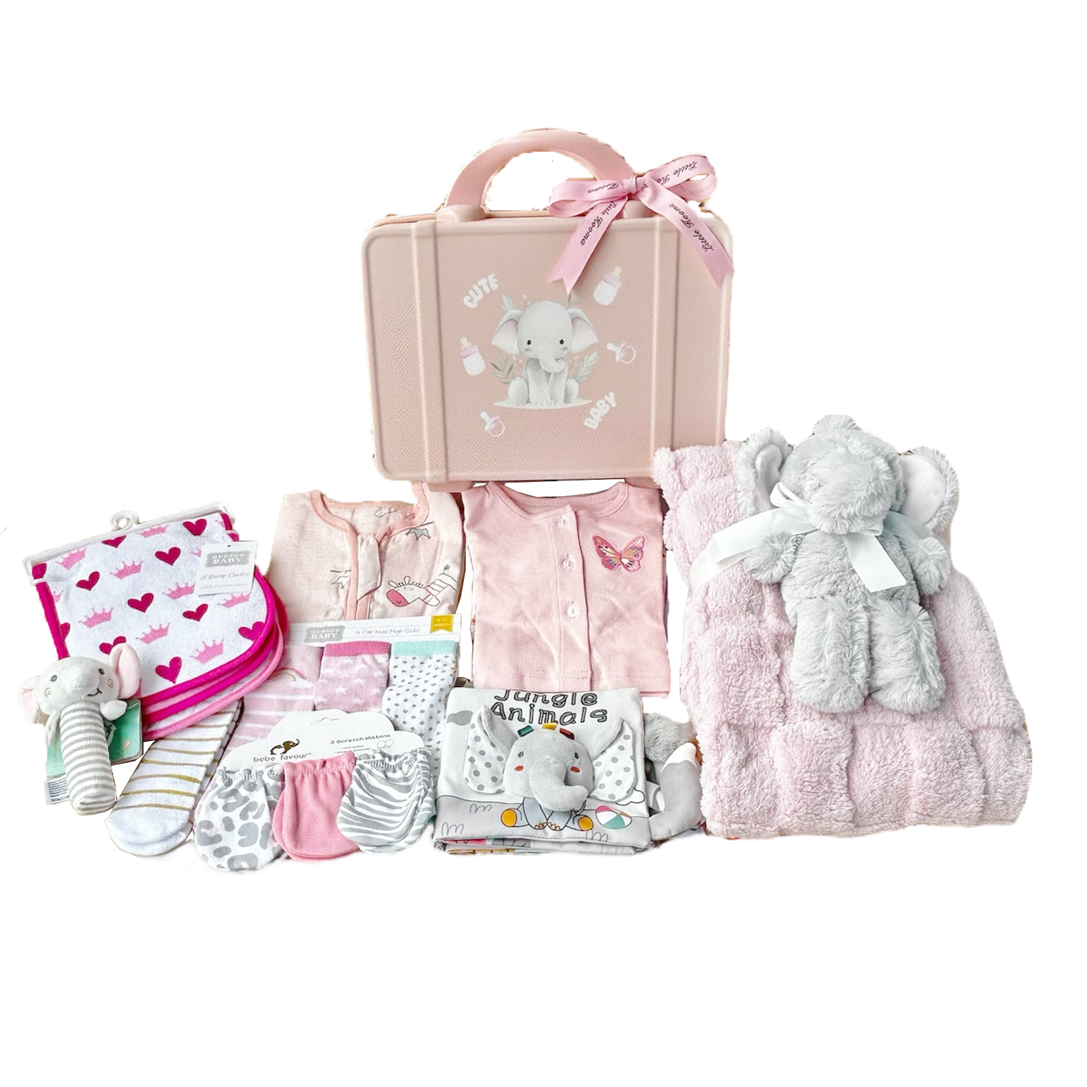 New Born Baby Girl LED Light Layette Plush Blanket Romper Grey Elephant Suitcase Mummy Makeup Box Gift Hamper Gift Box Set - Little Kooma