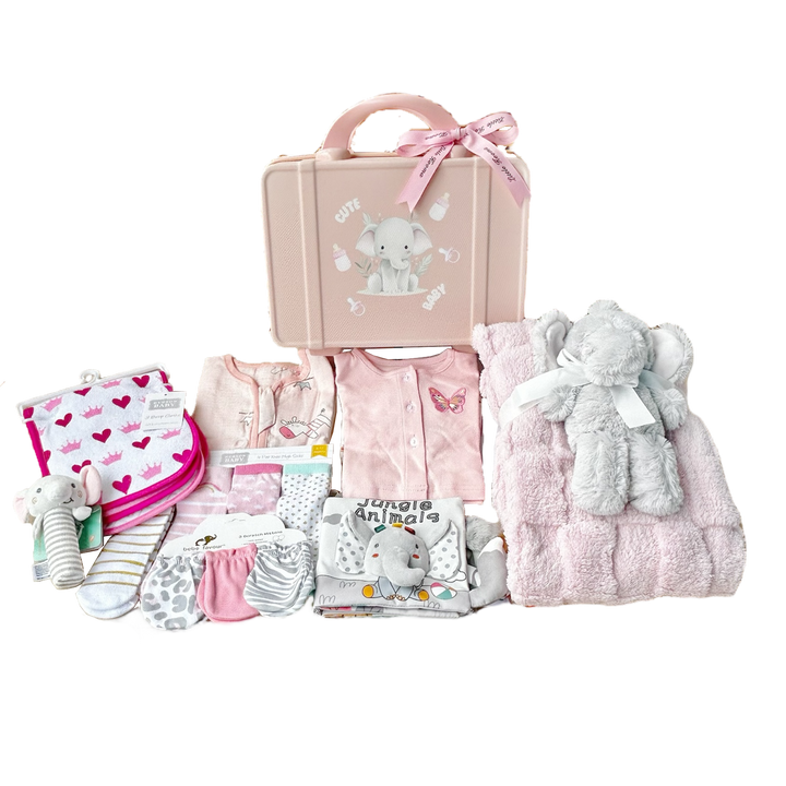 New Born Baby Girl LED Light Layette Plush Blanket Romper Grey Elephant Suitcase Mummy Makeup Box Gift Hamper Gift Box Set - Little Kooma