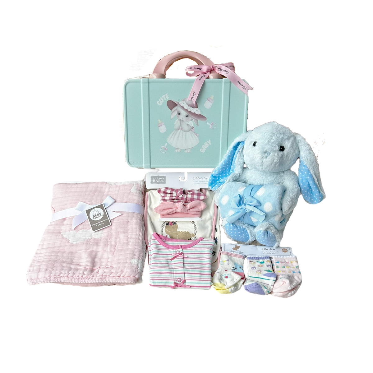 New Born Baby Girl LED Light Layette Plush Blanket Romper Muslin Blanket Blue Bunny Suitcase Mummy Makeup Box Gift Hamper Gift Box Set - Little Kooma
