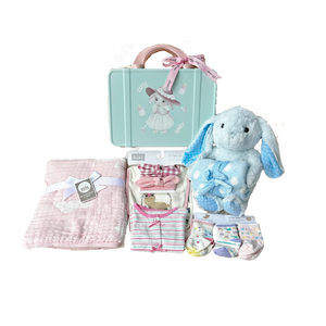 New Born Baby Girl LED Light Layette Plush Blanket Romper Muslin Blanket Blue Bunny Suitcase Mummy Makeup Box Gift Hamper Gift Box Set - Little Kooma